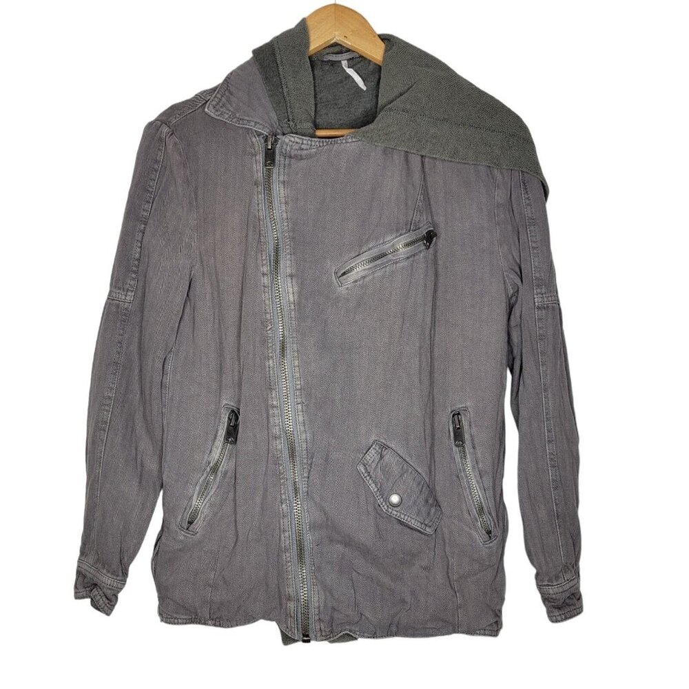 Free People XS Hooded Dual Placket Asymmetrical‎ Gray Linen Blend Moto Jacket